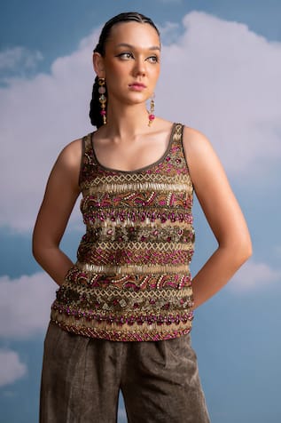 Nikita Mhaisalkar Olive Beaded Hand Embroidered Top 