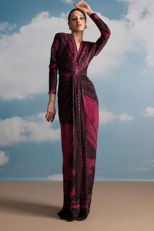 Nikita Mhaisalkar Fuchsia Swirl Printed Draped Maxi Dress 