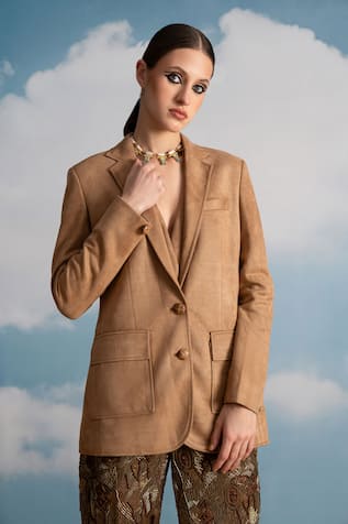 Nikita Mhaisalkar Beige Suede Jacket & Waistcoat Set 