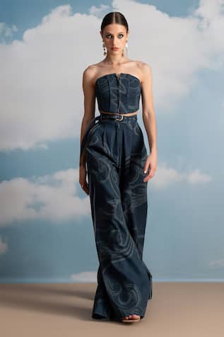 Nikita Mhaisalkar Indigo Printed Wide Leg Pleated Pants 