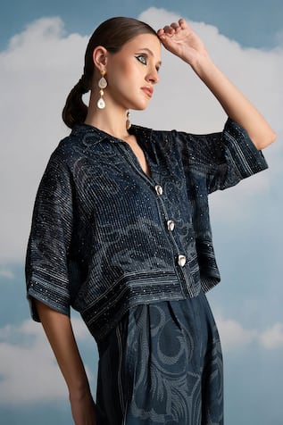 Nikita Mhaisalkar Indigo Swirl Printed Sequins Cropped Shirt 