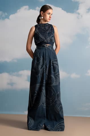 Nikita Mhaisalkar Indigo Swirl Printed Sequins Top 