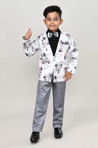 Solid Shirt & Trouser Set with Printed Blazer 