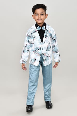Solid Shirt & Trouser Set With Printed Blazer 