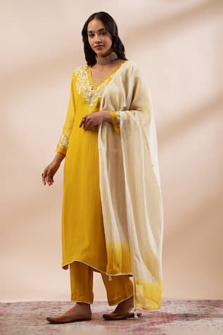 Kyra By Bhavna Mustard Yellow Floral Embroidered Kurta Set 