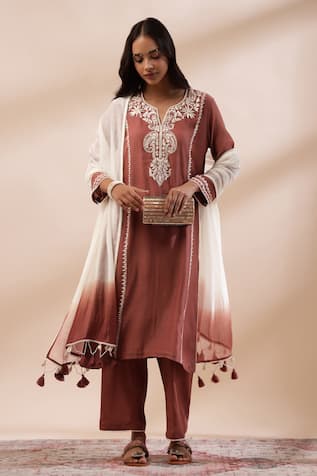 Kyra By Bhavna Rust Straight Kurta Set with Ombre Dupatta 