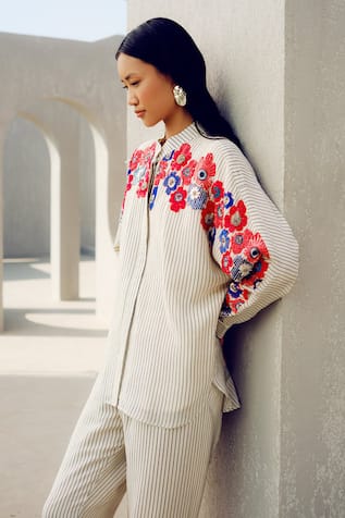 Pooja Rajgarhia Gupta Floral Embroidered Striped Shirt 