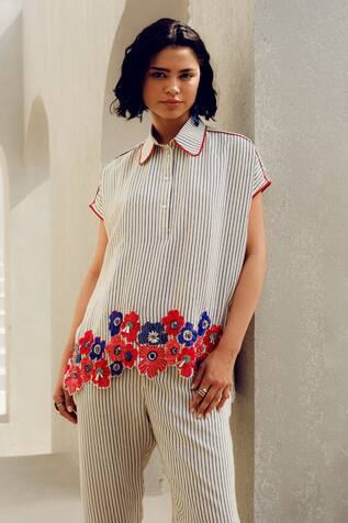 Pooja Rajgarhia Gupta Striped Floral Embroidered Shirt 
