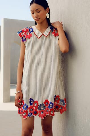 Pooja Rajgarhia Gupta Floral Embroidered Striped Dress 