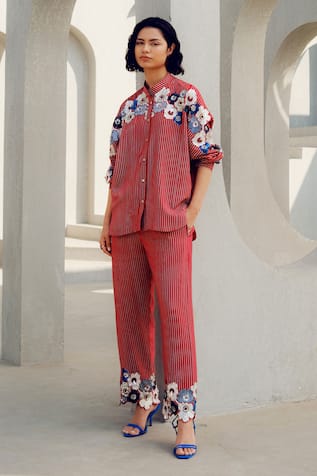 Pooja Rajgarhia Gupta Red Striped Crepe Pant Set 