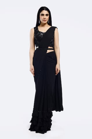 Onaya Black Georgette Cutdana Pre-Draped Saree Set 