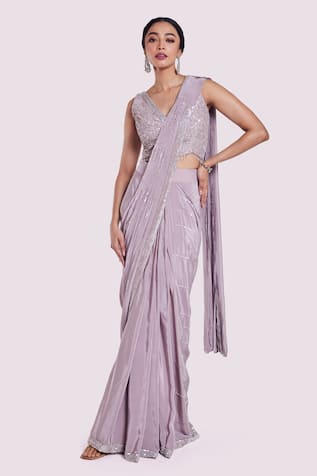 Onaya Purple Embroidered Pre-Draped Saree Set 