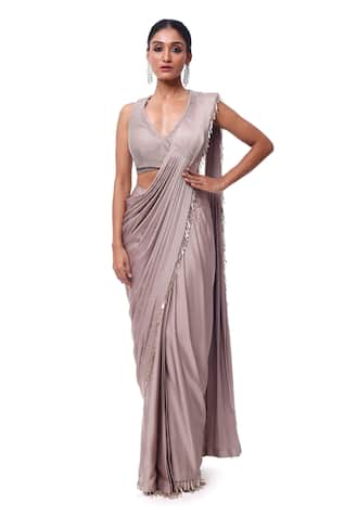 Onaya Grey Satin Pre Draped Saree Set 