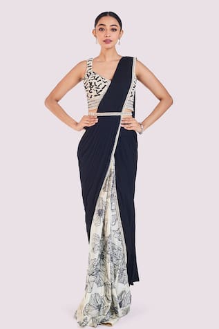 Onaya Floral Print Pre-Draped Saree Set 