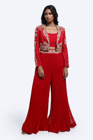 Onaya Red Zardosi Work Jacket & Sharara Set 