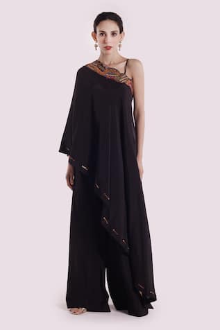 Onaya Black Silk Embroidered Kaftan & Pant Set 