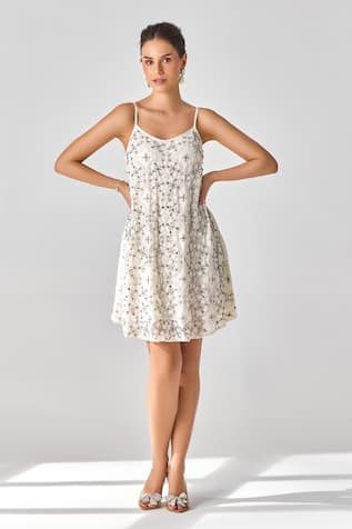 Verb By Pallavi Singhee Embroidered Ivory Spaghetti Strap Dress 