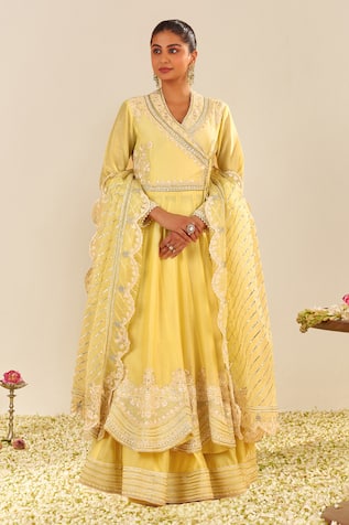 Sheetal Batra Lemon Yellow Silk Chanderi Anarkali Set 