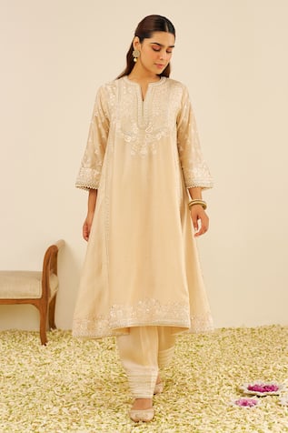 Sheetal Batra Embroidered Beige Chanderi Silk Kurta Set 