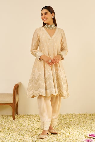 Sheetal Batra Beige Chanderi Silk Anarkali Set 