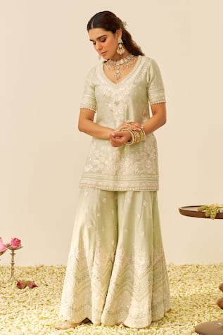 Sheetal Batra Mint Green Silk Chanderi Kurta & Sharara Set 