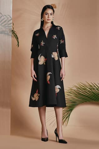ORIGANI Flared A-Line Dress With Embroidery 