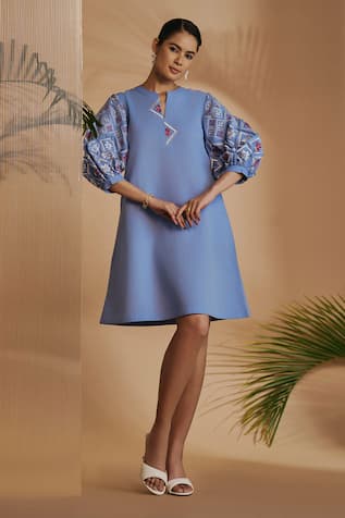 ORIGANI Embroidered Sleeve Blue Tunic Dress 