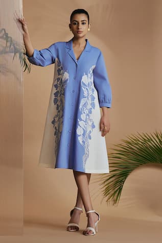 ORIGANI Notch Collar A-Line Midi Dress 