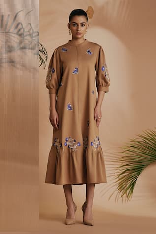 ORIGANI Brown Embroidered Midi Dress 