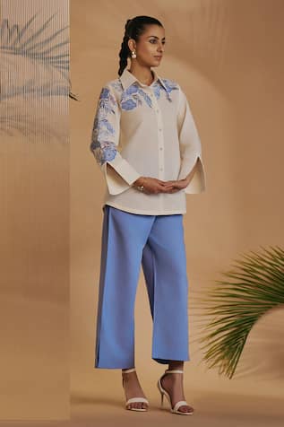 ORIGANI Ivory Embroidered Spread-Collar Shirt 