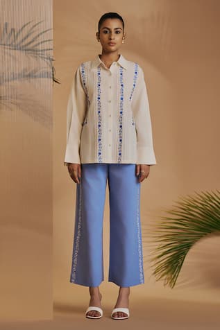 ORIGANI Embroidered Pintuck Shirt & Pant Set 