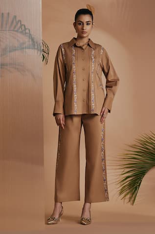 ORIGANI Brown Pintuck Embroidered Shirt & Pant Set 