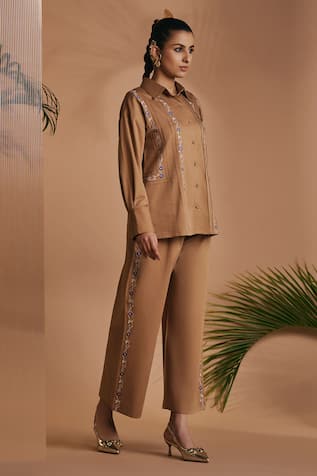 ORIGANI Pintuck Embroidered Cotton Satin Shirt 
