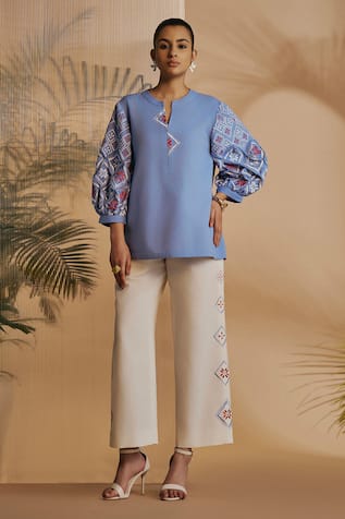 ORIGANI Embroidered Blue & Ivory Pant Set 