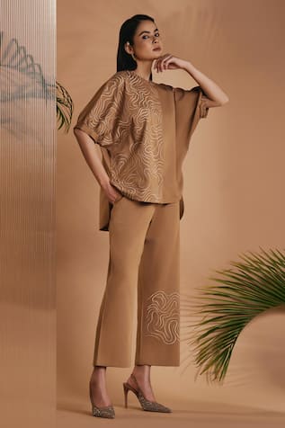ORIGANI Brown Embroidered Kimono Co-ord Set 