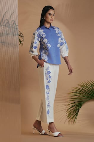 ORIGANI Blue & Ivory Applique Embroidered Pant Set 