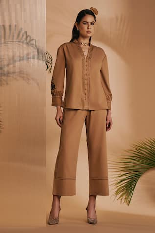 ORIGANI Embroidered Brown Co-ord Set 