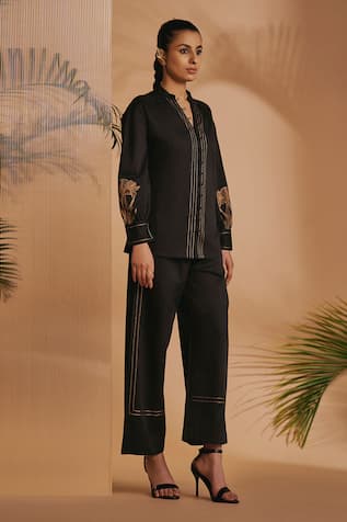 ORIGANI Black Embroidered Cotton Satin Shirt 