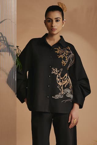 ORIGANI Black Resham Embroidered Drop-Shoulder Shirt 