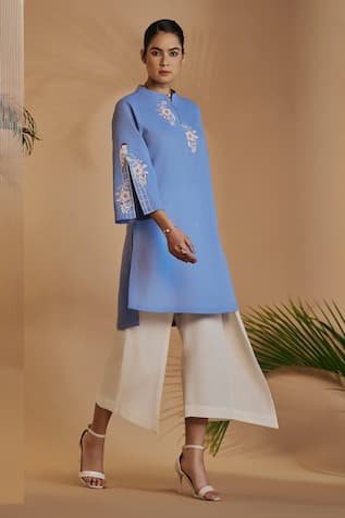 ORIGANI Embroidered Blue Asymmetrical Tunic 