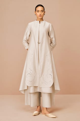 Ampm Beige Chanderi Jacket Set 