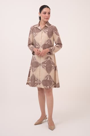 Ruchi Marodia Beige & Brown Leaf Print Dress 