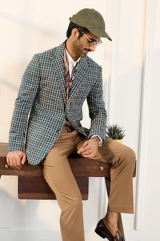 Gargee Designers Green Checkered Single Breasted Blazer 