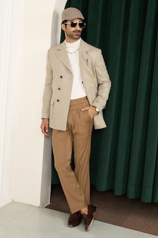 Gargee Designers Beige Herringbone Double Breasted Blazer 