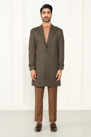 Gargee Designers Brown Wool Herringbone Long Coat 