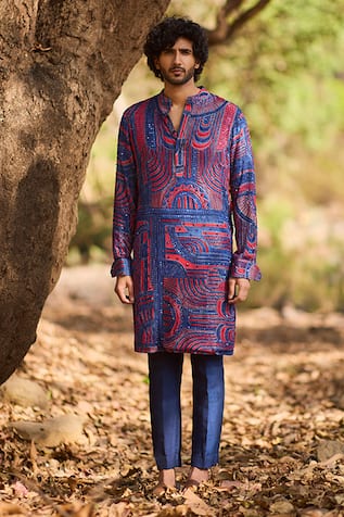 Nirmooha  Indigo Maze Geometric Printed Kurta Set 