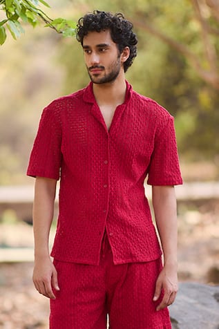 Nirmooha Red Crochet Titan Stitch Shirt 