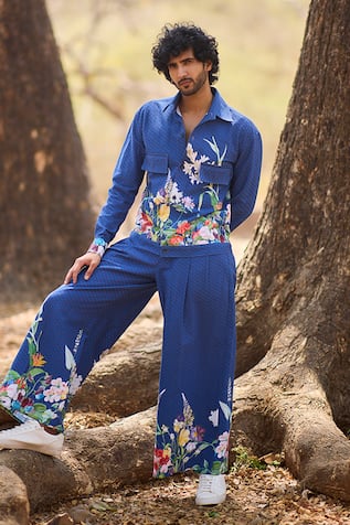 Nirmooha The Artisan Flared Denim Pants with Floral Print 