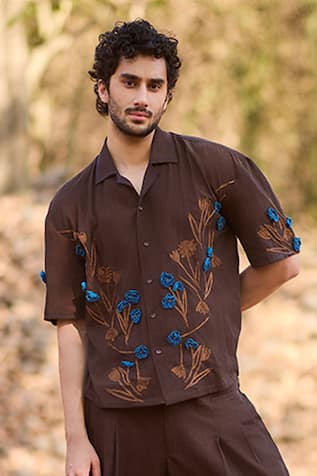 Nirmooha Rustic Charm Embroidered Denim Casual Shirt 