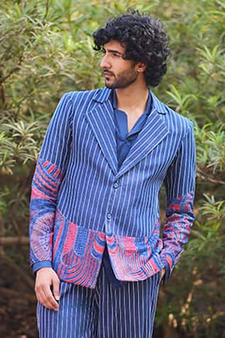 Nirmooha Linear Luxe Hand Embroidered Denim Stripe Blazer 